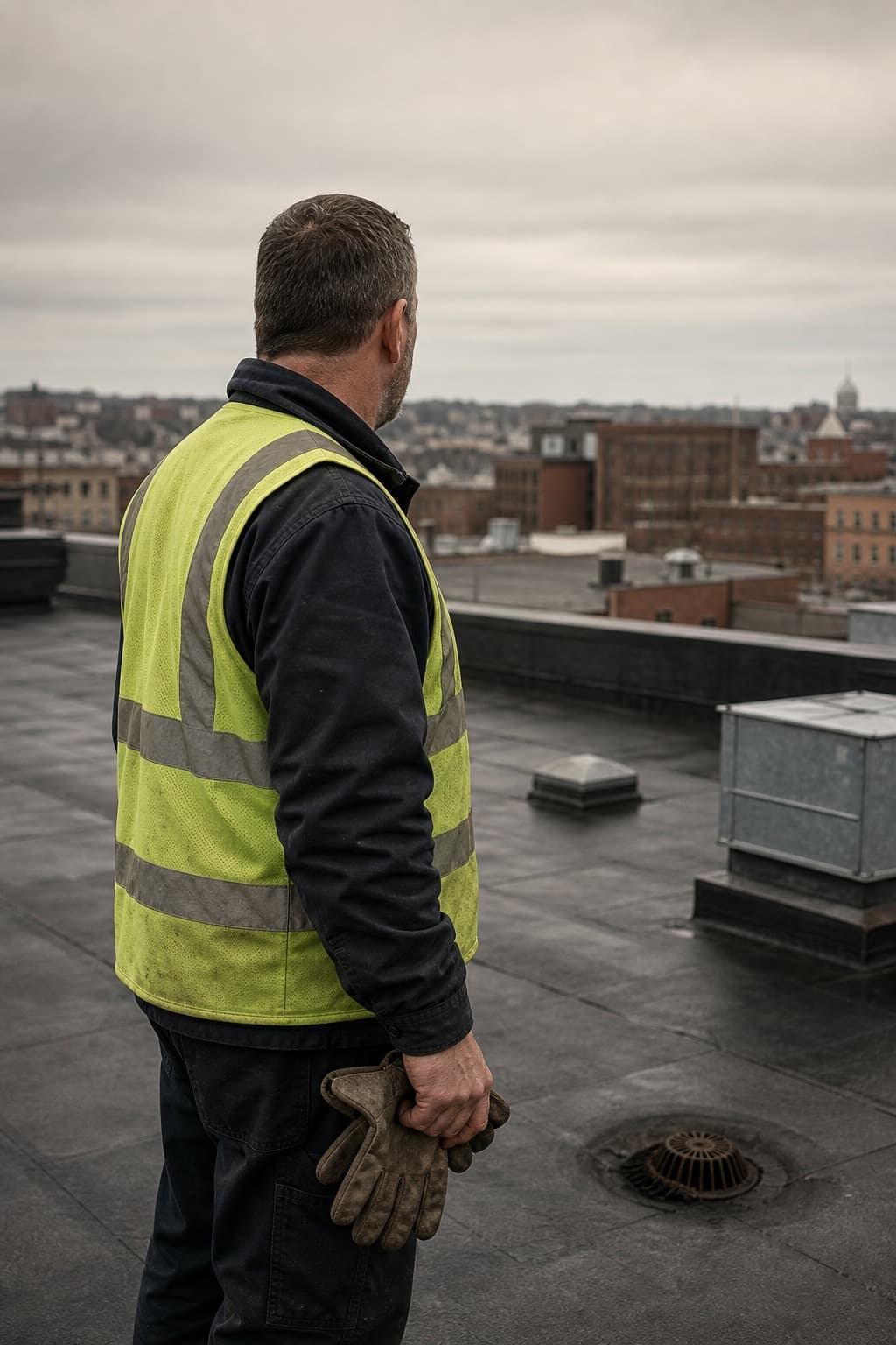 Freddie Arboleda, Owner of Global Exteriors Group, on a commercial flat roof