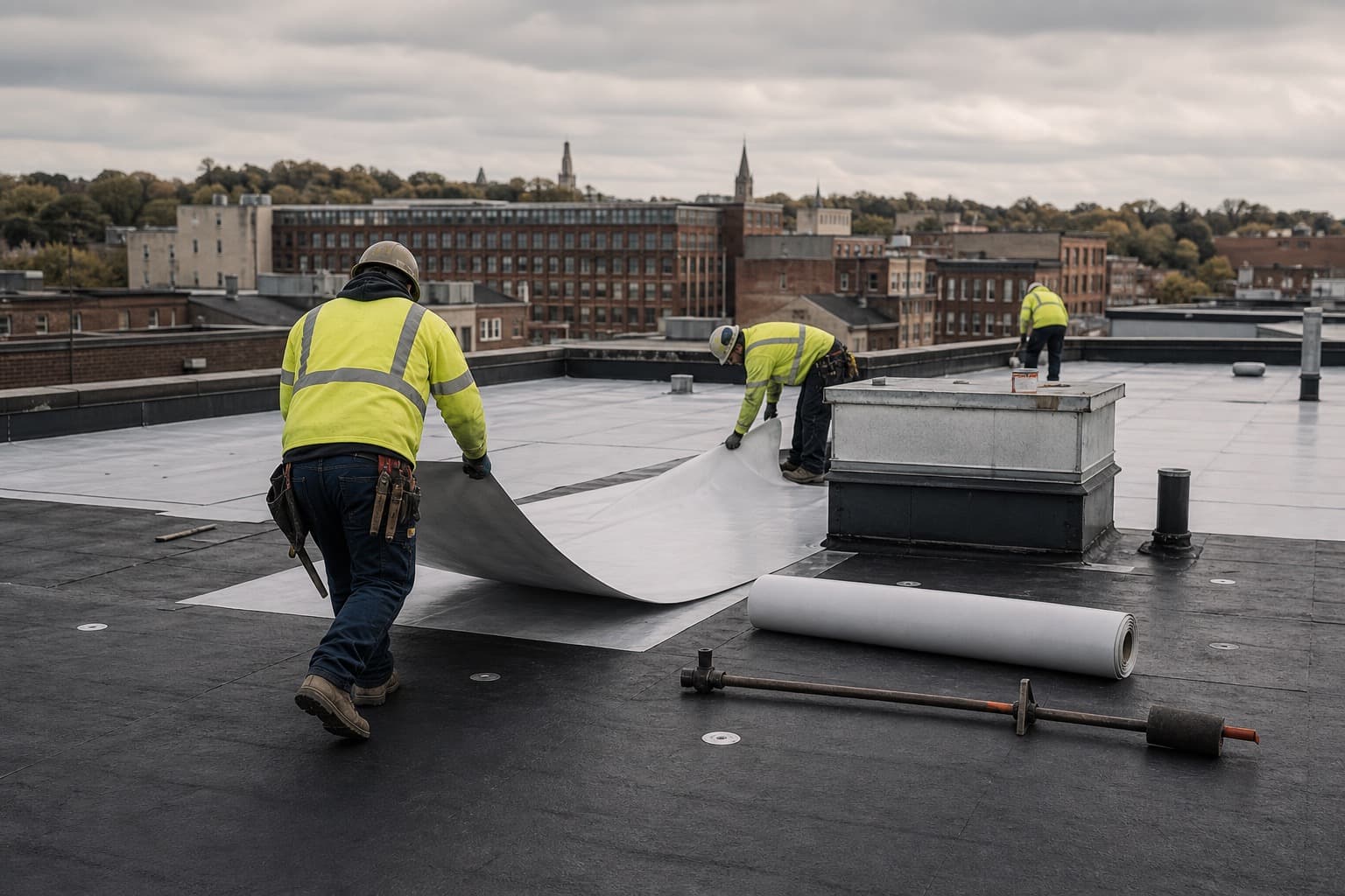 Hi-vis crew installing single-ply membrane across a flat commercial roof, seen from mid-distance
