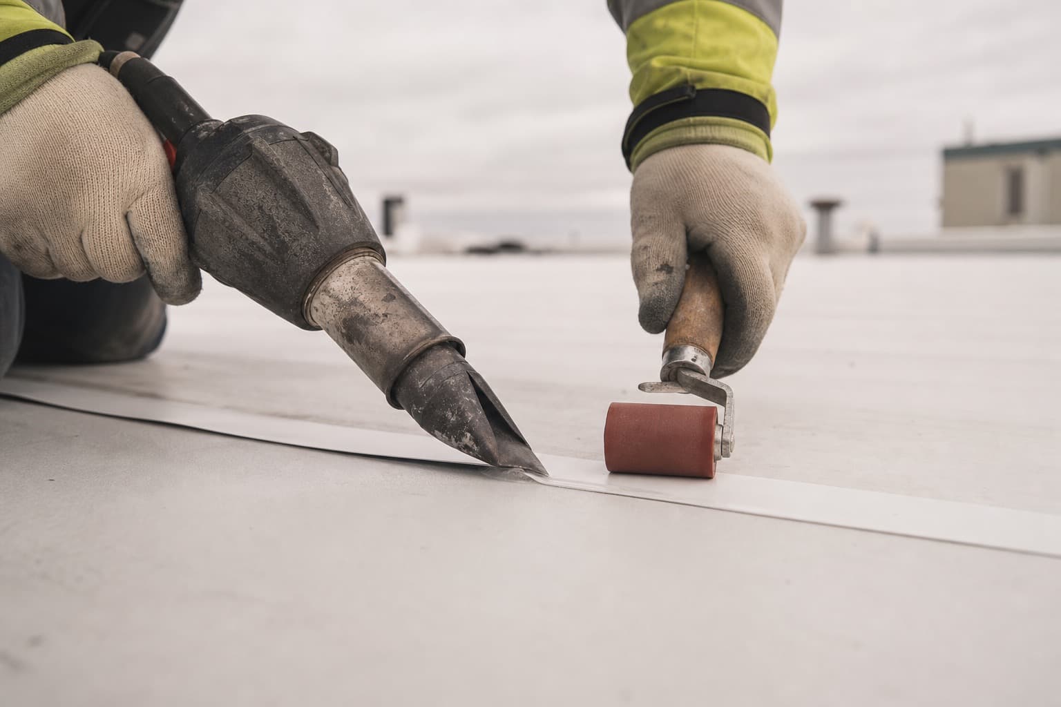 Close view of a roofer hot-air welding a white TPO membrane seam