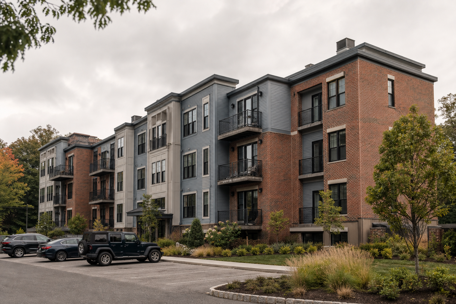 Flat low-slope roof over a mid-size New England multifamily apartment building