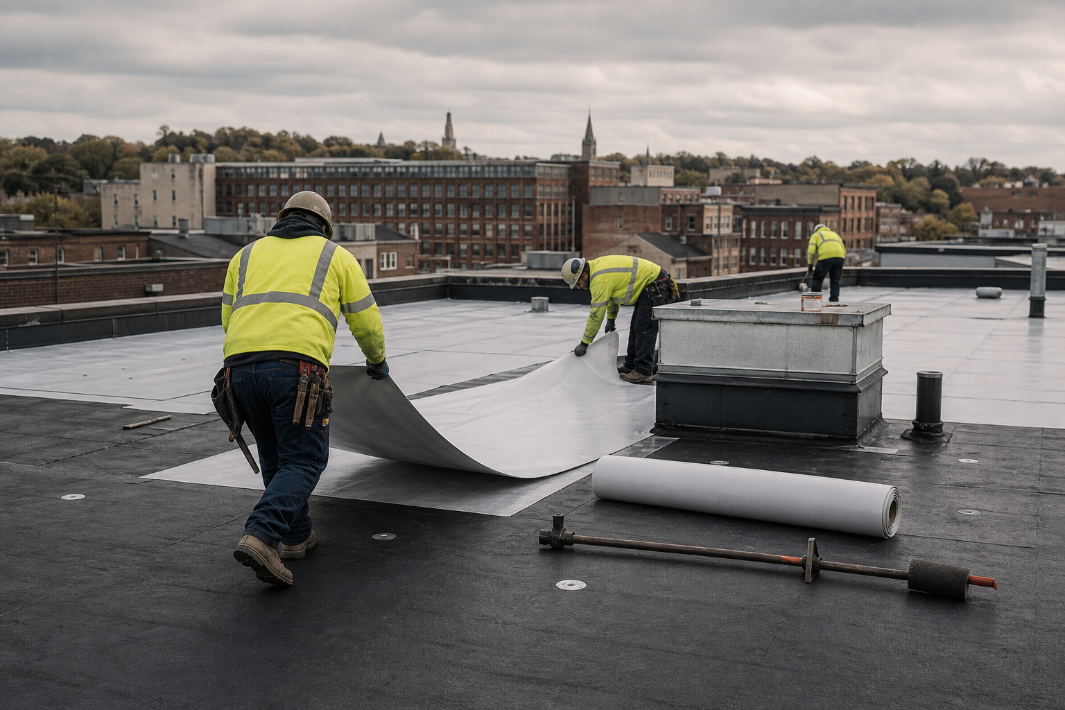 Hi-vis crew installing single-ply membrane across a flat commercial roof