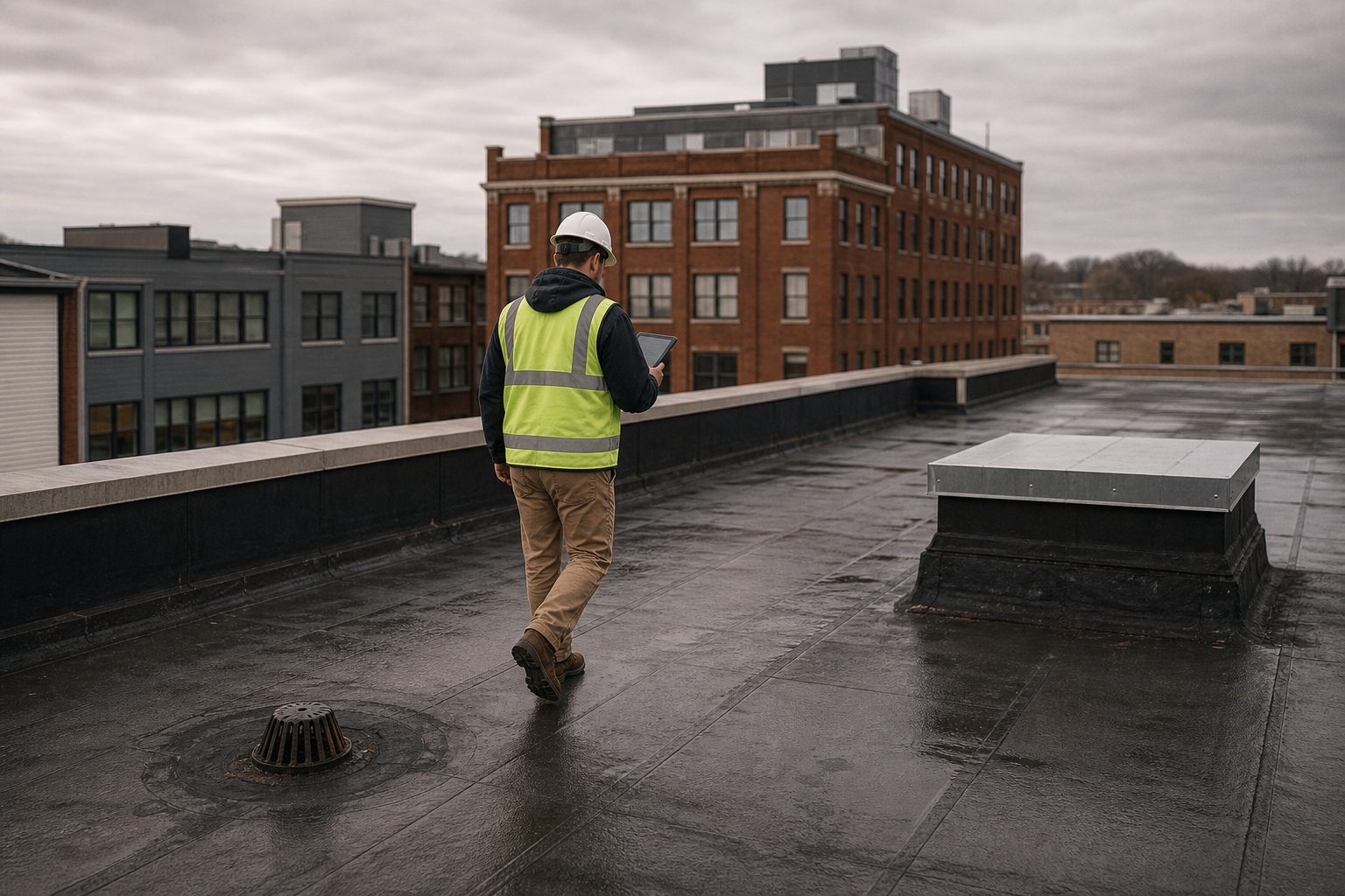 Roofer and building manager walking a flat commercial roof, inspecting seams and drains