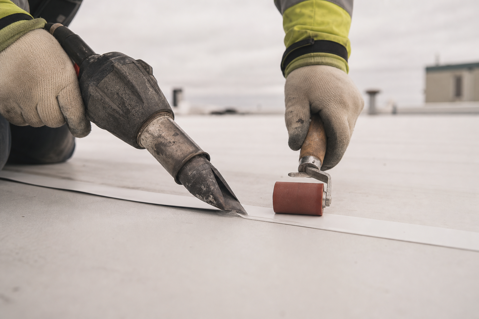 Close view of a roofer hot-air welding a white TPO membrane seam