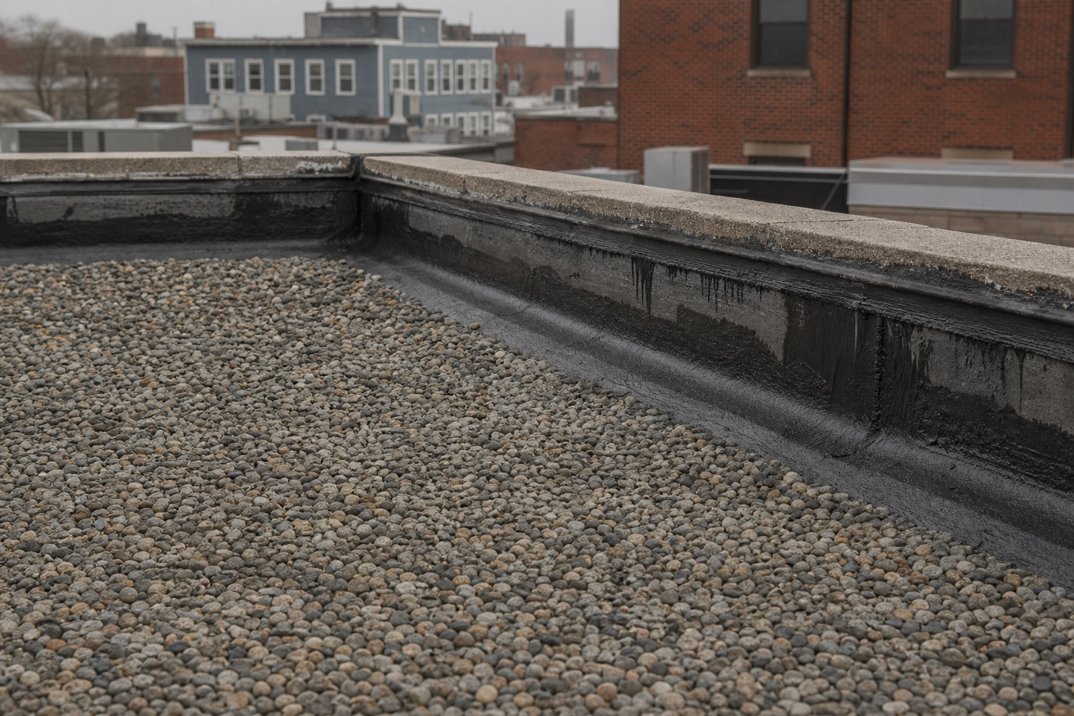 Gravel-surfaced built-up roof on an older commercial building