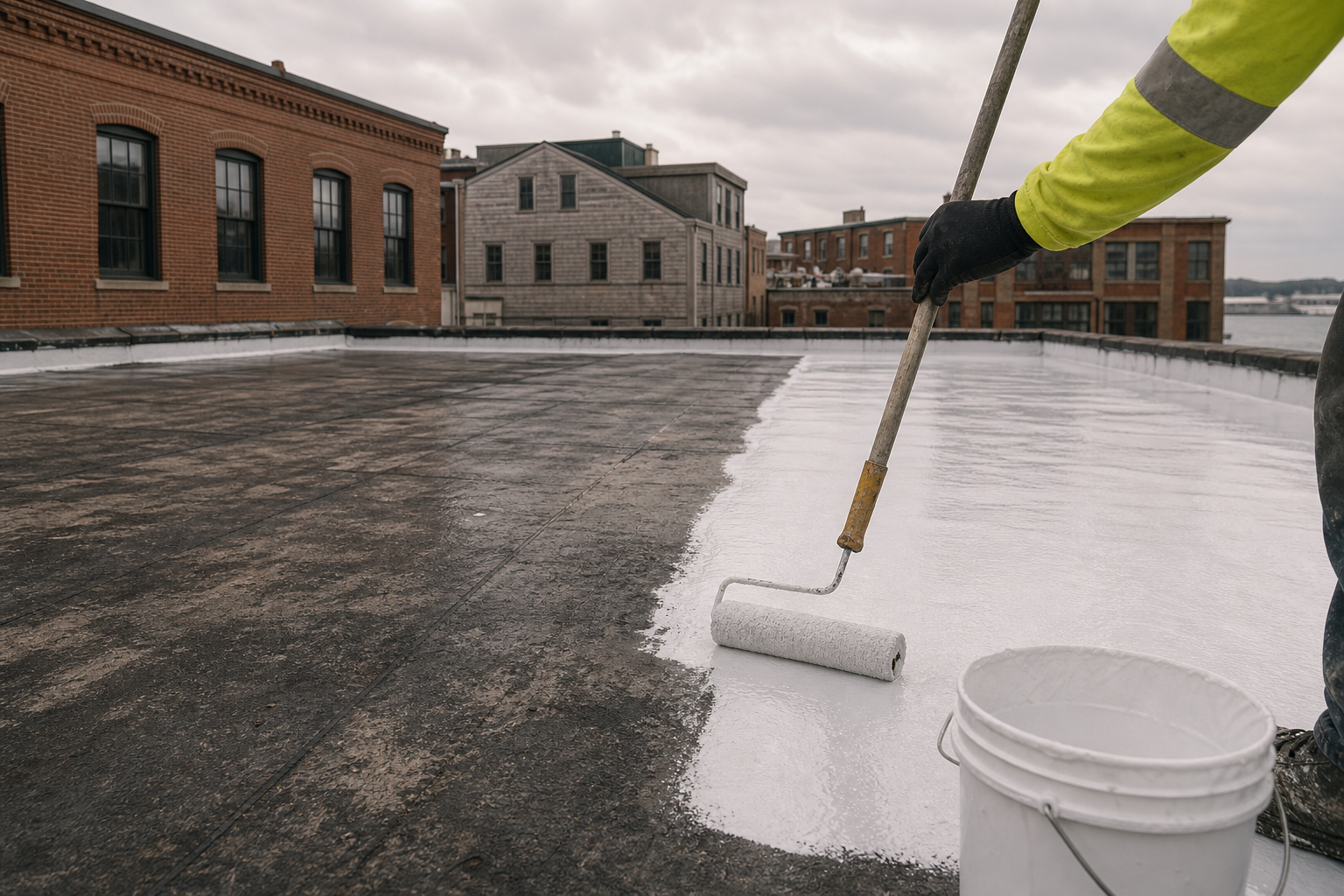 Roofer applying a reflective liquid coating over an existing flat roof