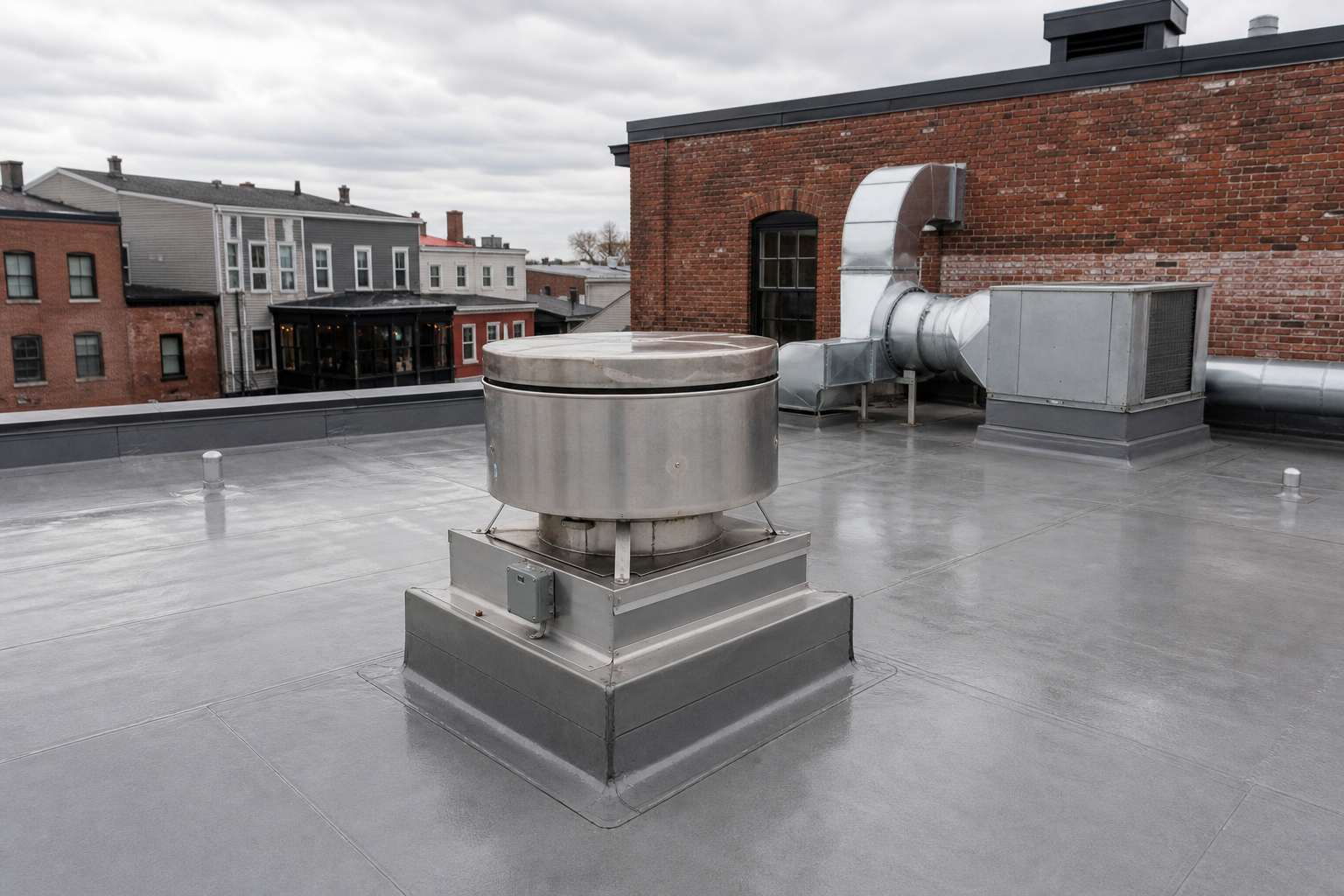 White PVC membrane roof around rooftop kitchen exhaust equipment